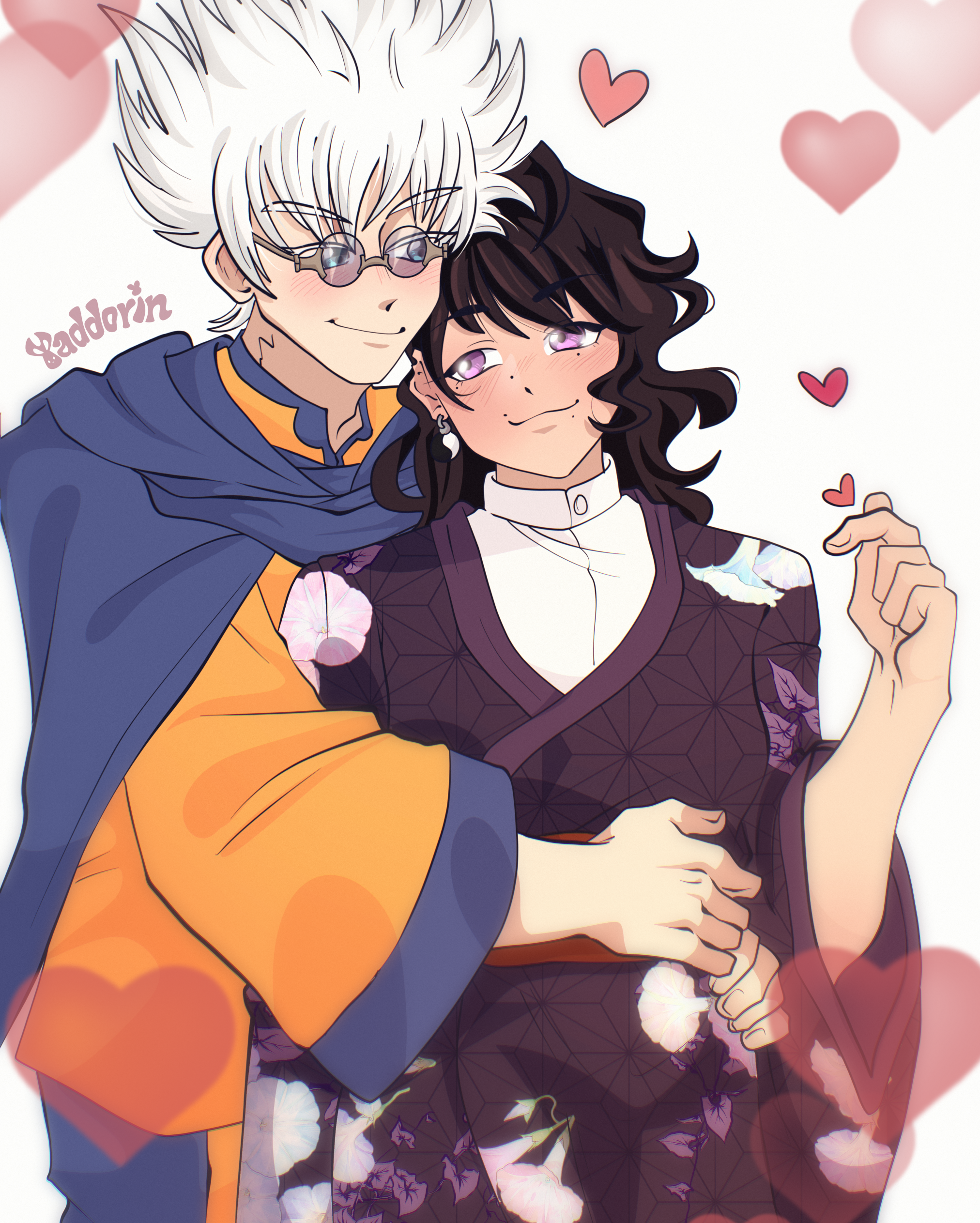 artwork of Enishi holding Yukie's in a side hug while they look at each other lovingly